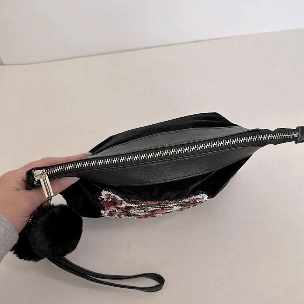 CUTE Y2K LARGE SEQUIN TIGER BLACK POMPOM MINI PURSE tiger AESTHETIC